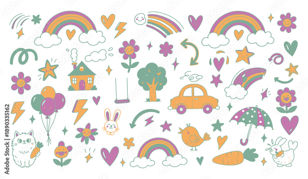 Fototapeta premium Kids chalk, pastel crayon and color pencil drawings set. Colorful sketches of childish imagination collection with summer flower and green tree, sun and cloud
