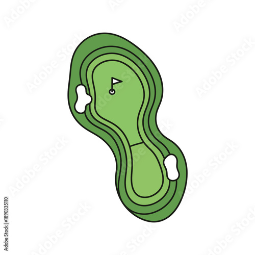 Top-down vector illustration of a golf course putting green with flagstick and sand traps, ideal for sports design