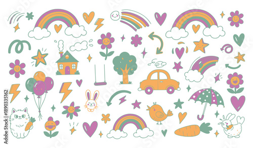 Kids chalk, pastel crayon and color pencil drawings set. Colorful sketches of childish imagination collection with summer flower and green tree, sun and cloud