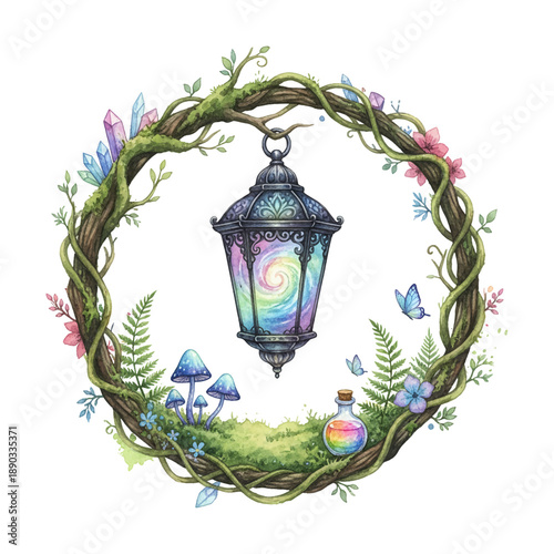 Magical Fantasy Lantern in Whimsical Vine Wreath with Mushrooms Crystals and Butterflies Watercolor Art