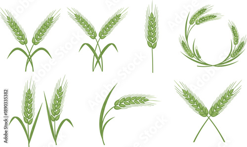 Green vector icon set of organic wheat stalks ears and wreaths for agriculture flour production and bakery branding concepts