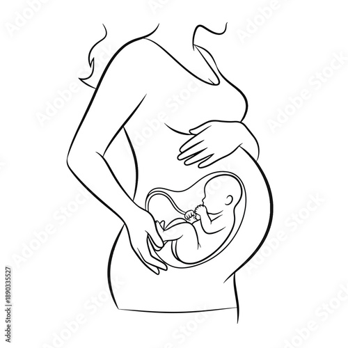 Vector line illustration: Pregnant woman nurturing her unborn baby, symbolizing motherhood and new life.
