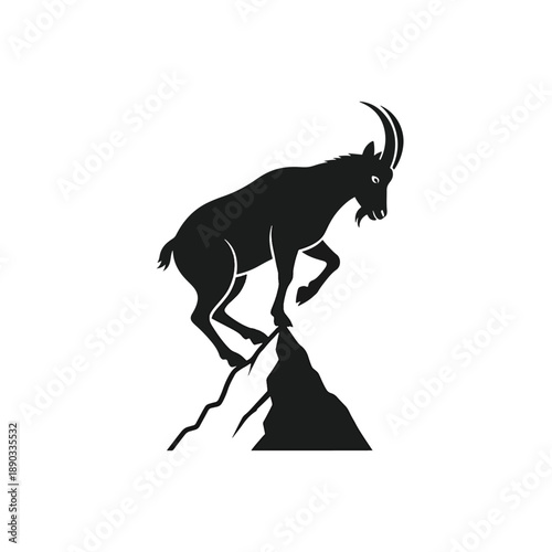 Agile Ibex Leaping on Rocky Mountain Peak Silhouette Vector Illustration in Alpine Wilderness