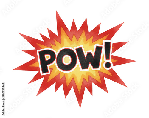 Comic Book Style POW Word with Red Orange Yellow Explosion Graphic and Bold Black Letters