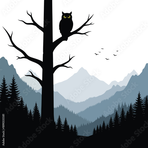 Vector illustration depicting an owl perched on a tree in a layered mountain forest landscape with distant flying birds
