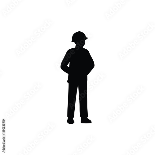 Rescuer in specialized gear, protective helmet stands full-length, arms akimbo. Black-and-white sign, simple vector illustration.