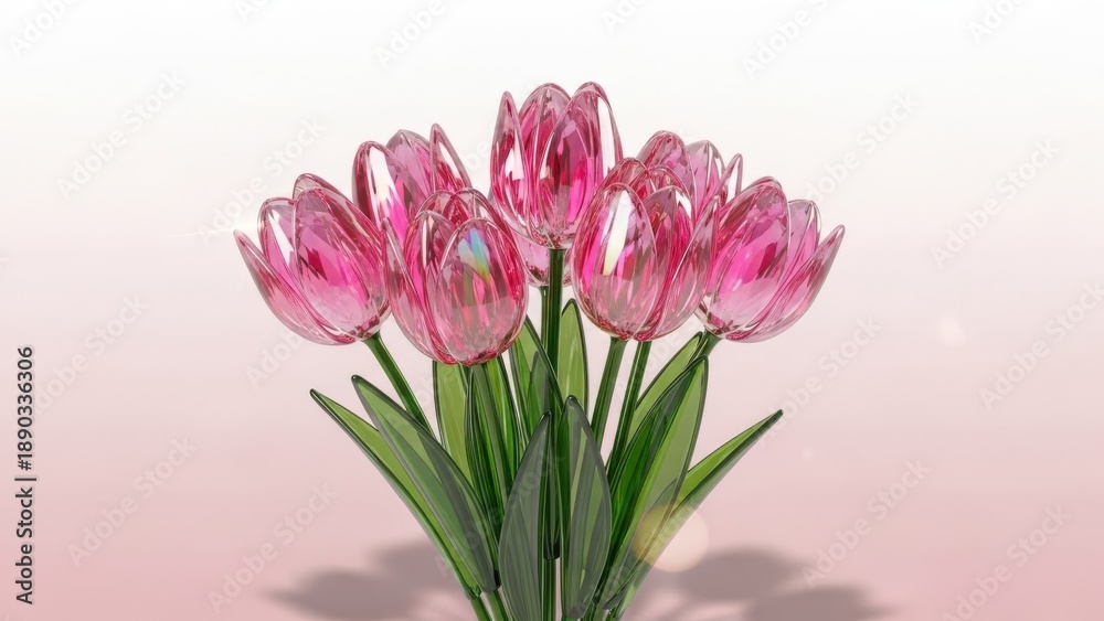 Fototapeta premium Pink glass tulips with green leaves on white to pink gradient background