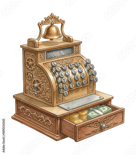Vintage golden cash register with an open drawer full of money intricate details classic design old fashioned