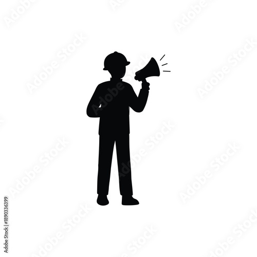 Firefighter in helmet with loudspeaker warning of danger. Emergency situation. Black-and-white sign. silhouette.
