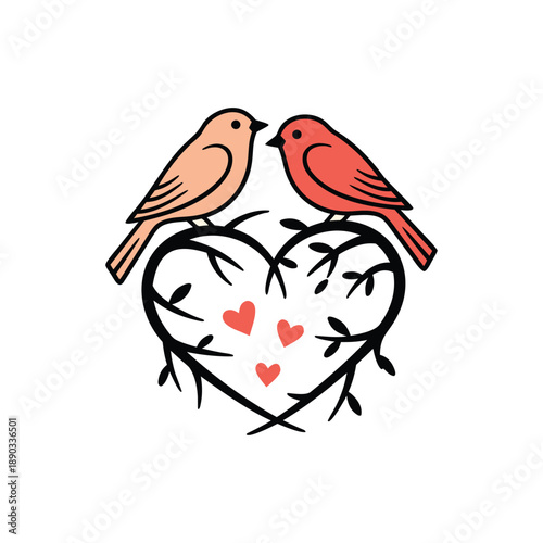 Two lovebirds, Romantic Valentine's Day bird couple with heart nest vector art