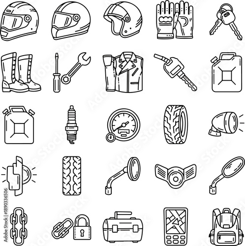 Collection of Motorcycle Accessories and Gear Icons Set Vector Graphics, Including Helmets, Gloves, and Tools