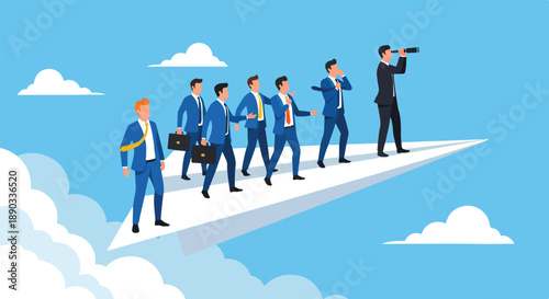 Business Leadership and Teamwork Concept on Paper Plane. Visionary Leader Looking Through Telescope with Corporate Team. Professional Success Strategy and Career Growth in Sky.