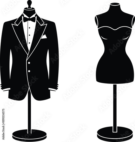 Black and white vector illustration of male and female tailor mannequins with a formal tuxedo and evening dress