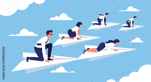 Business Professionals at Starting Line on Paper Planes. Competitive Corporate Race and Career Ambition Concept. Professional Team Ready for Growth and Market Success in Sky.
