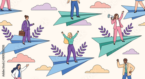 Diverse Business People Flying on Colorful Paper Planes. Creative Teamwork and Professional Freedom Concept. Successful Men and Women Collaborating for Career Growth.