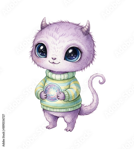 Adorable purple fluffy monster creature with big blue eyes holding a magical orb wearing a striped sweater smiling cheerfully