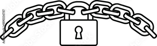 Black and white line art vector illustration of a sturdy padlock securing a heavy metal chain for safety and protection