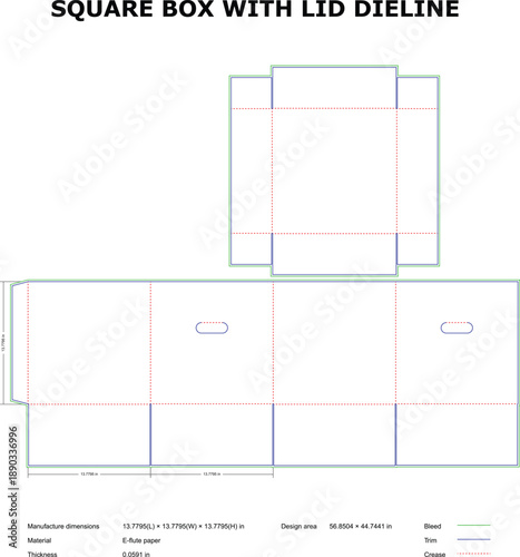 Foto A technical diagram of a square box with lid dieline and measurements