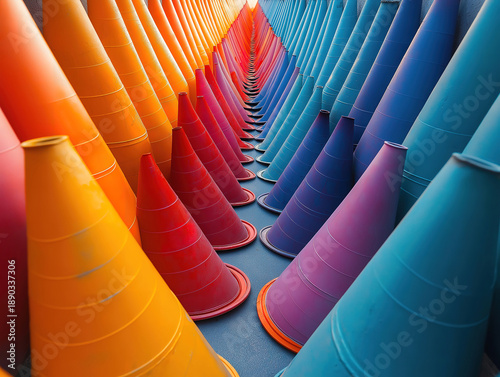 Perfectly aligned sports cones creating a captivating spiral design