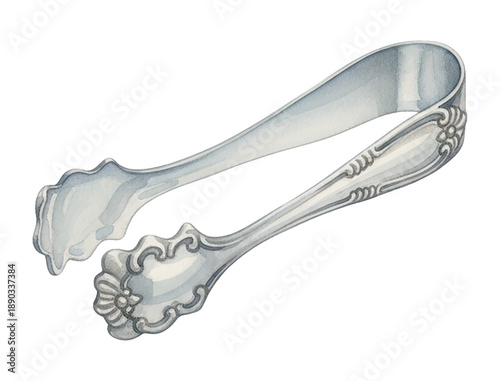 Elegant silver sugar tongs with ornate decoration for serving sweet treats detailed watercolor illustration