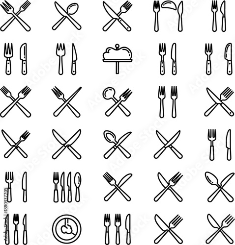 Collection of Cutlery Icons Including Forks Knives and Spoons in Various Arrangements and Styles on White Background