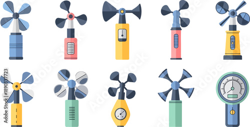 Fans and meters array on white background