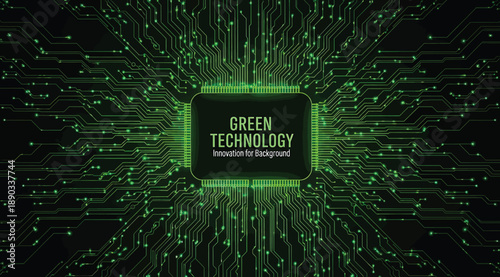 Glowing green microchip with digital circuitry and text 'Data Technology Advanced Design', symbolizing futuristic computing, AI, innovation, and advanced electronic systems in a tech-inspired layout
