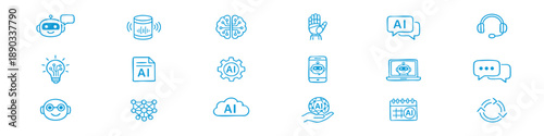 Chatbot Line Editable Icons set. Vector illustration in modern thin style of artificial intelligence related icons: virtual assistant, support, creative ai, and more. Isolated on white background