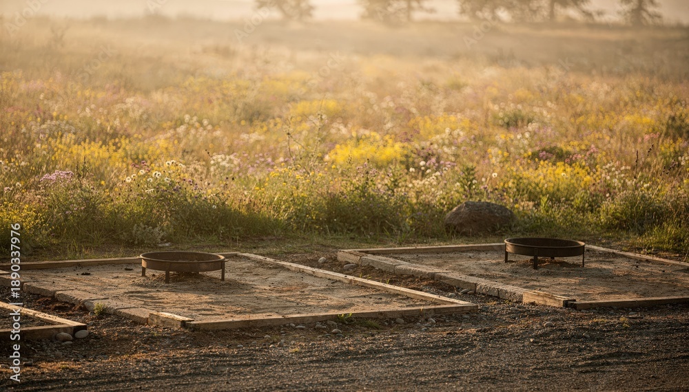 Fototapeta premium Open meadow campsite showing distinct tent pads and fire rings sharply contrasted against a hazy background of wildflowers and tall grass.
