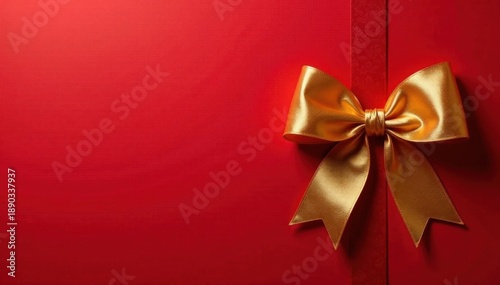 Golden ribbon bow, tied elegantly on rich red background , background, close-up