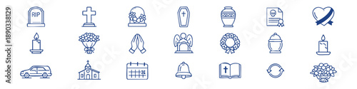 Funeral Line Editable Icons set. Vector illustration in modern thin style of death related icons: types of tombstones, death certificates, funeral rituals, and more.  Isolated on white background