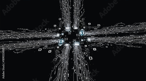 Abstract particle collision visualization with symmetrical white lines and dots on black background, representing data flow, energy dispersion, and scientific simulation in a futuristic digital concep