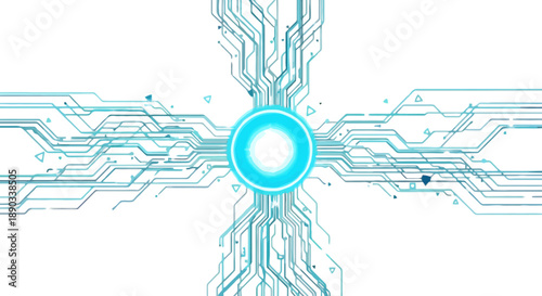Modern geometric circuit board layout with glowing central point and blue lines