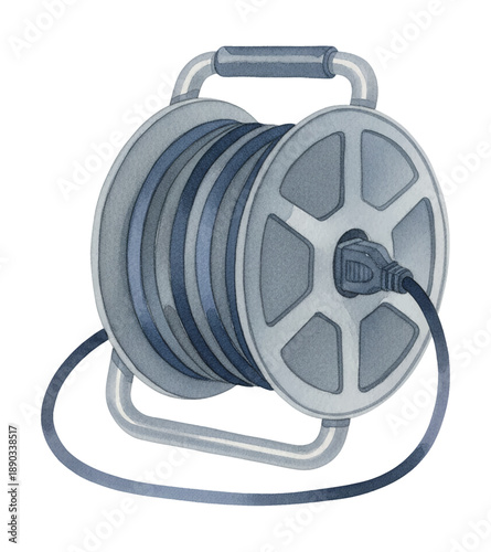 Extension cord reel with electrical cable and power plug in a detailed watercolor illustration