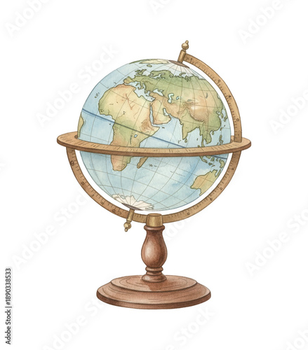 Detailed vintage watercolor illustration of a world globe with wooden stand and meridian ring on white background