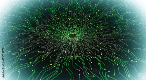 Stylized neural network with glowing green nodes and lines radiating from central core, symbolizing artificial intelligence, machine learning, and digital connectivity in a futuristic data-driven conc