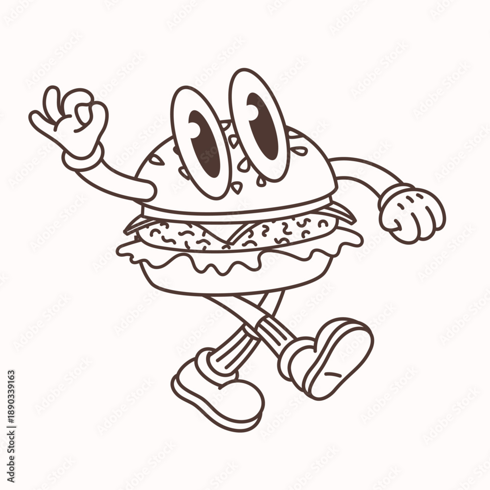 Obraz premium Cartoon burger character in retro line style with big eyes and walking pose on a light background. Burger outline character cartoon with vintage look. Great for stickers, posters, prints and branding