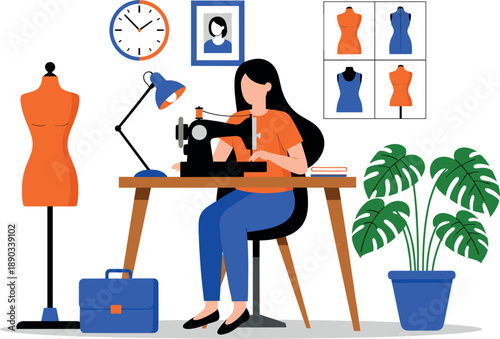 Professional fashion designer woman working on sewing machine in her studio