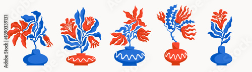 Vector flower bouquet set in red and blue with decorative vases. Floral sprin...