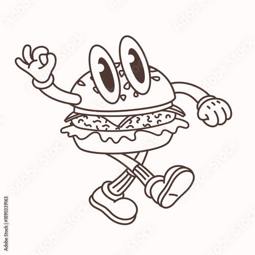 Cartoon burger character in retro line style with big eyes and walking pose o...