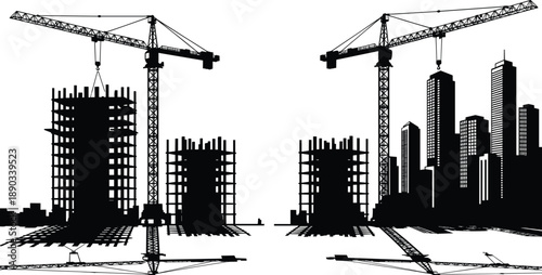 Construction crane silhouettes building modern city skyline with high rise structures representing urban development, architecture growth, and infrastructure expansion isolated on white background