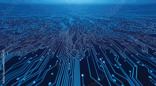 Futuristic digital landscape with glowing circuit lines and nodes extending into horizon, symbolizing data flow, connectivity, and advanced technology infrastructure in a modern computing-inspired con