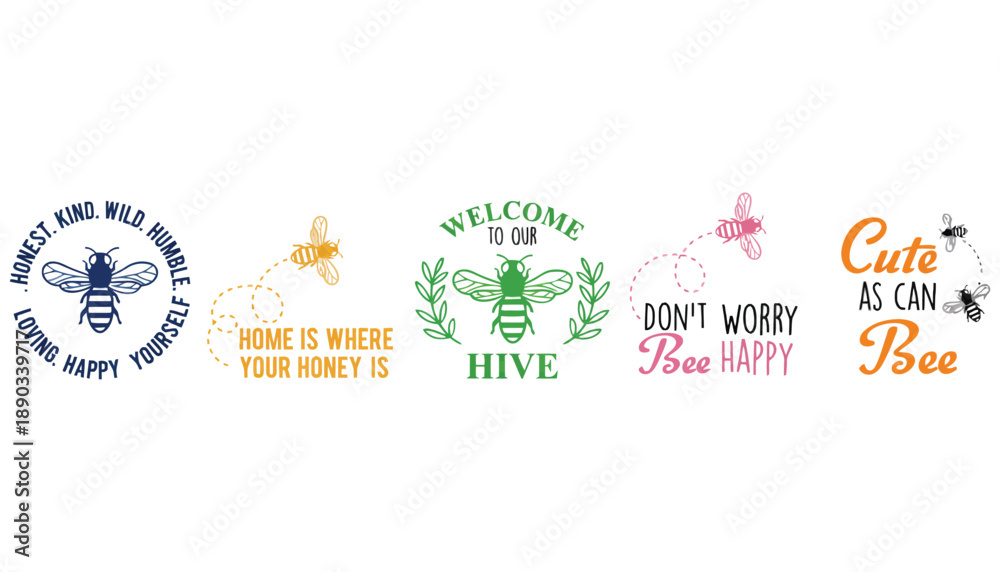 Fototapeta premium A collection of colorful bee-themed logos and slogans on a white background