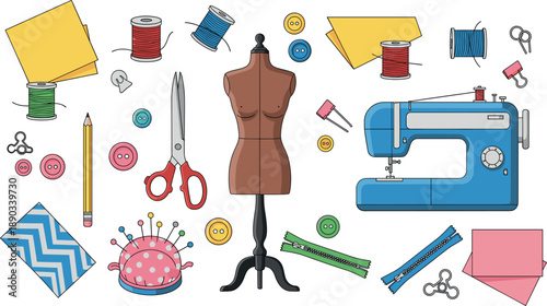 Professional tailoring and dressmaking set with blue sewing machine and mannequin