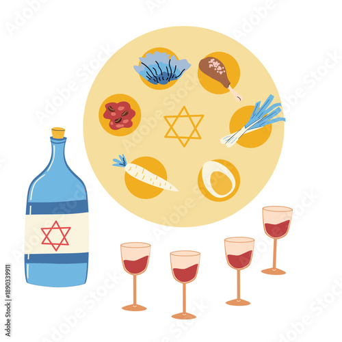Passover seder plate, wine set. Vector illustration of fruit sause, egg, salad and onion, meat with wine glasses. Vector illustration isolated.