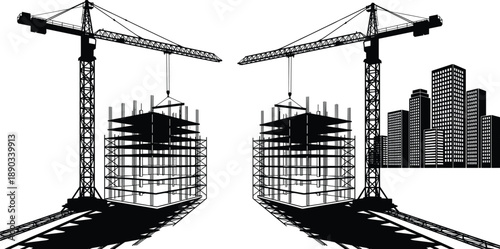 Detailed Black and White Vector Illustration of Industrial Construction Site with Two Tower Cranes Building Skyscrapers and Urban City Skyline Silhouette on White Background