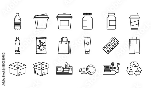 Plastic product and packaging line icon set with editable stroke