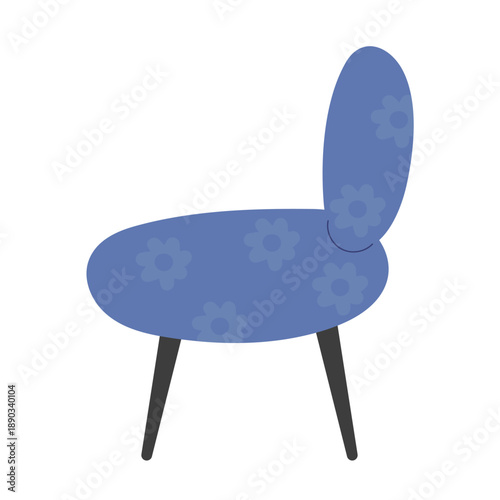 Blue chair with floral pattern. Chair has a curved backrest and four legs. Flat vector illustration of home furniture