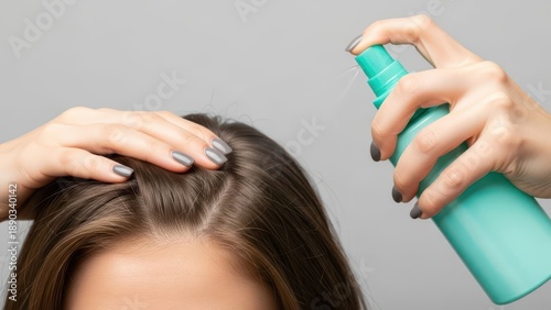 Wallpaper Mural woman applying hair spray to roots of brown hair for styling and volume Torontodigital.ca