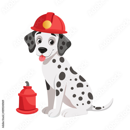 A classic white dalmatian dog with black spots wearing a red firefighter helmet and sitting next to a red fire hydrant.